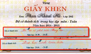 "Nội dung giấy khen học sinh tiểu học do giáo viên chủ nhiệm đề xuất và hiệu trưởng quyết định"