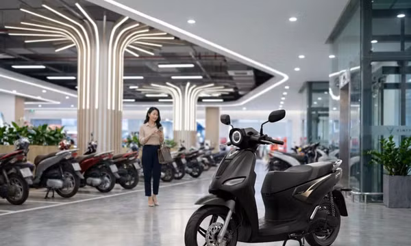 Ứng dụng VinFast e-Scooter hỗ trợ xác định vị trí Kyo tại khu vực đông phương tiện.