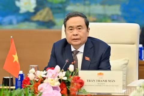 Chủ tịch Quốc hội Trần Thanh Mẫn phát biểu tại cuộc tiếp. (Ảnh: THỦY NGUYÊN)