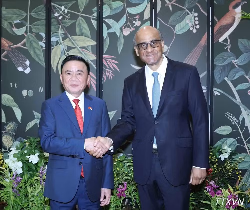 Thường trực Ban Bí thư Trần Cẩm Tú hội kiến Tổng thống Singapore Tharman Shanmugaratnam. (Ảnh: Phương Hoa/TTXVN)