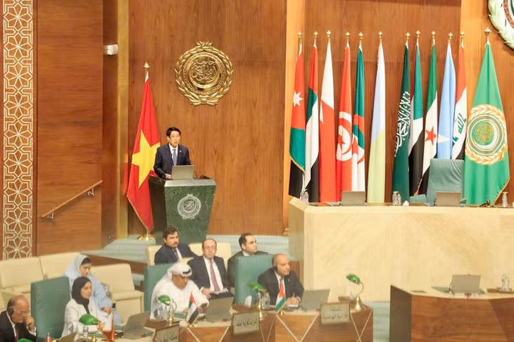 Chủ tịch nước phát biểu chính sách tại Liên đoàn Arab. (Ảnh: XUÂN KỲ)
