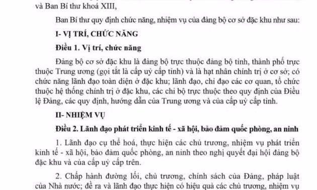 Chức năng, nhiệm vụ của đảng bộ cơ sở đặc khu