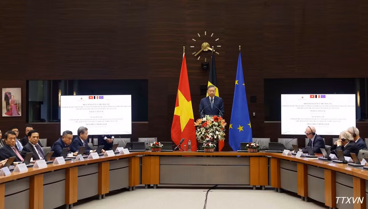 Tổng Bí thư, Chủ tịch nước Tô Lâm phát biểu chính sách tại Viện Quan hệ quốc tế Hoàng gia Egmont. (Ảnh: TTXVN)