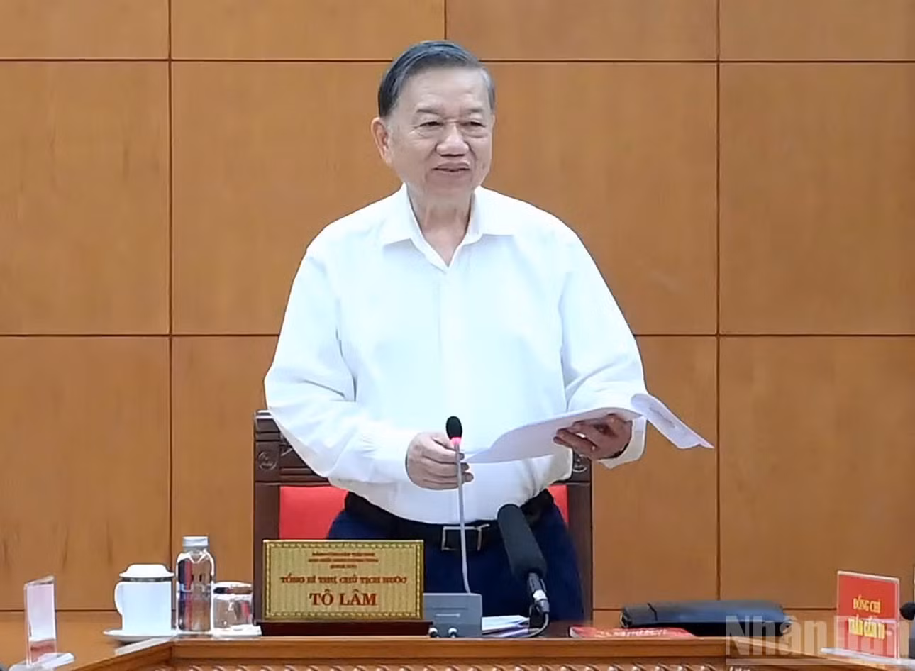 Tổng Bí thư, Chủ tịch nước Tô Lâm phát biểu chỉ đạo tại cuộc làm việc với Ban Tuyên giáo Trung ương. (Ảnh: ĐĂNG KHOA)