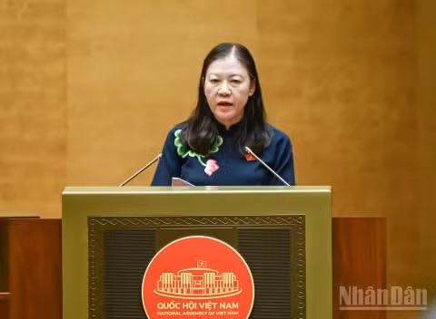 Chủ nhiệm Ủy ban Dân nguyện và Giám sát của Quốc hội Lê Thị Nga trình bày Báo cáo kết quả giám sát việc giải quyết, trả lời kiến nghị của cử tri gửi đến Kỳ họp thứ nhất, Quốc hội khóa XVI. (Ảnh: DUY LINH)
