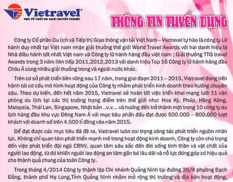 Vietravel - Chi nhánh Quảng Ninh tuyển dụng nhân sự