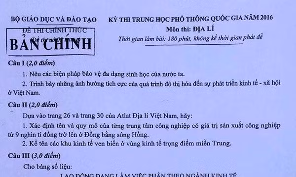 Đề và đáp án môn Địa lý thi THPT quốc gia 2016