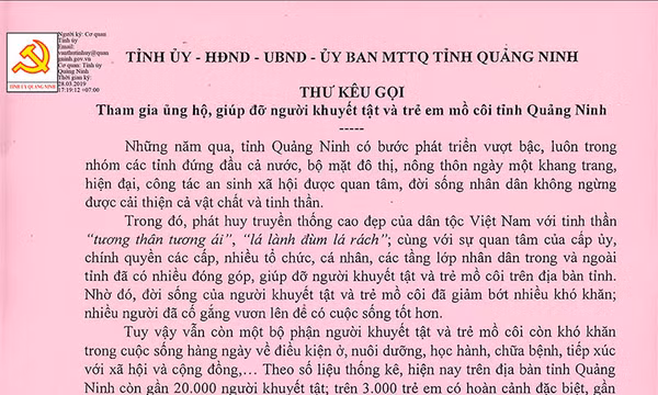 Thư kêu gọi tham gia ủng hộ, giúp đỡ người khuyết tật và trẻ em mồ côi tỉnh Quảng Ninh