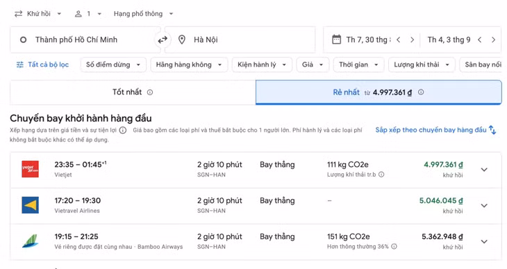 Giá vé máy bay TPHCM - Hà Nội khứ hồi ngày 30.8 - 3.9 thấp nhất 5 triệu đồng/người. Ảnh: Chí Long