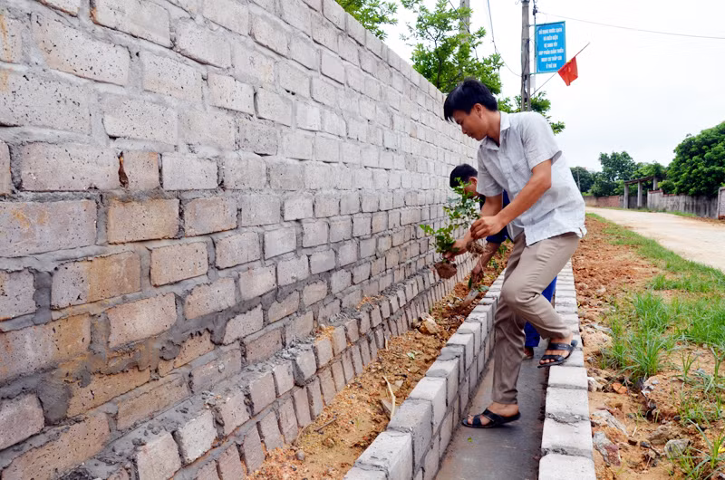 Người dân thôn Khê Thượng (xã Việt Dân) trồng cây hoa, cây cảnh dọc tuyến đường trục thôn. Ảnh: Phương Thúy