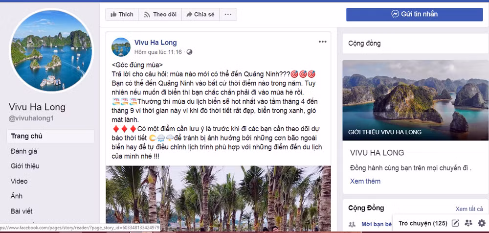 Hoạt động của các trang, nhóm về du lịch trên các nền tảng mạng xã hội đang là cầu nối để đưa du lịch đến gần với du khách. (Trong ảnh: Trang Vivu Ha Long trên mạng Facebook)