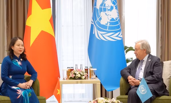 Phó Chủ tịch nước Võ Thị Ánh Xuân gặp Tổng Thư ký Liên hợp quốc António Guterres. (Ảnh: TTXVN)