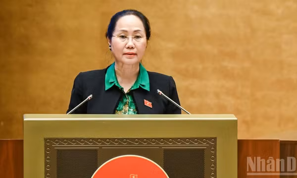 Bộ trưởng Văn hóa, Thể thao và Du lịch Lâm Thị Phương Thanh trình bày Tờ trình về dự án Luật sửa đổi, bổ sung một số điều của Luật Thể dục, thể thao, Luật Du lịch, Luật Thư viện, Luật Điện ảnh, Luật Di sản văn hóa, Luật Quảng cáo, Luật Báo chí. (Ảnh: DUY LINH) 