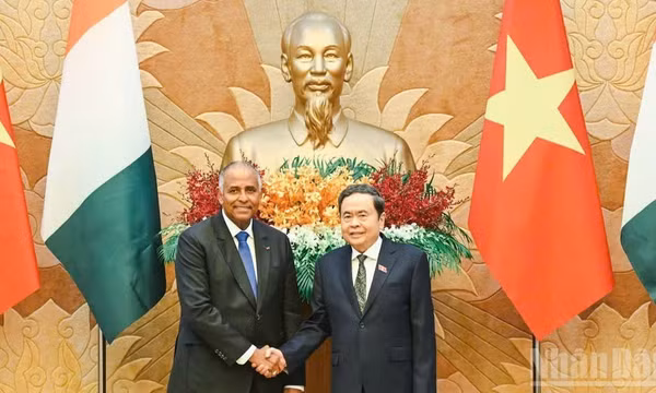 Chủ tịch Quốc hội Trần Thanh Mẫn cùng Chủ tịch Quốc hội nước Cộng hòa Bờ Biển Ngà Patrick Achi. (Ảnh: DUY LINH) 