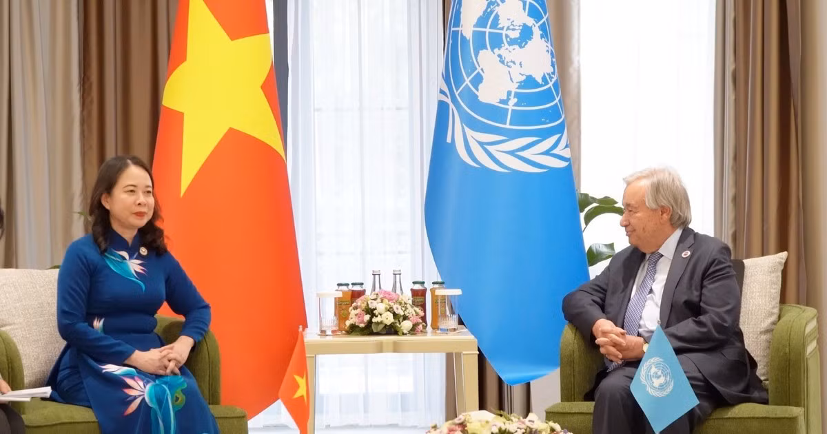 Phó Chủ tịch nước Võ Thị Ánh Xuân gặp Tổng Thư ký Liên hợp quốc António Guterres. (Ảnh: TTXVN)