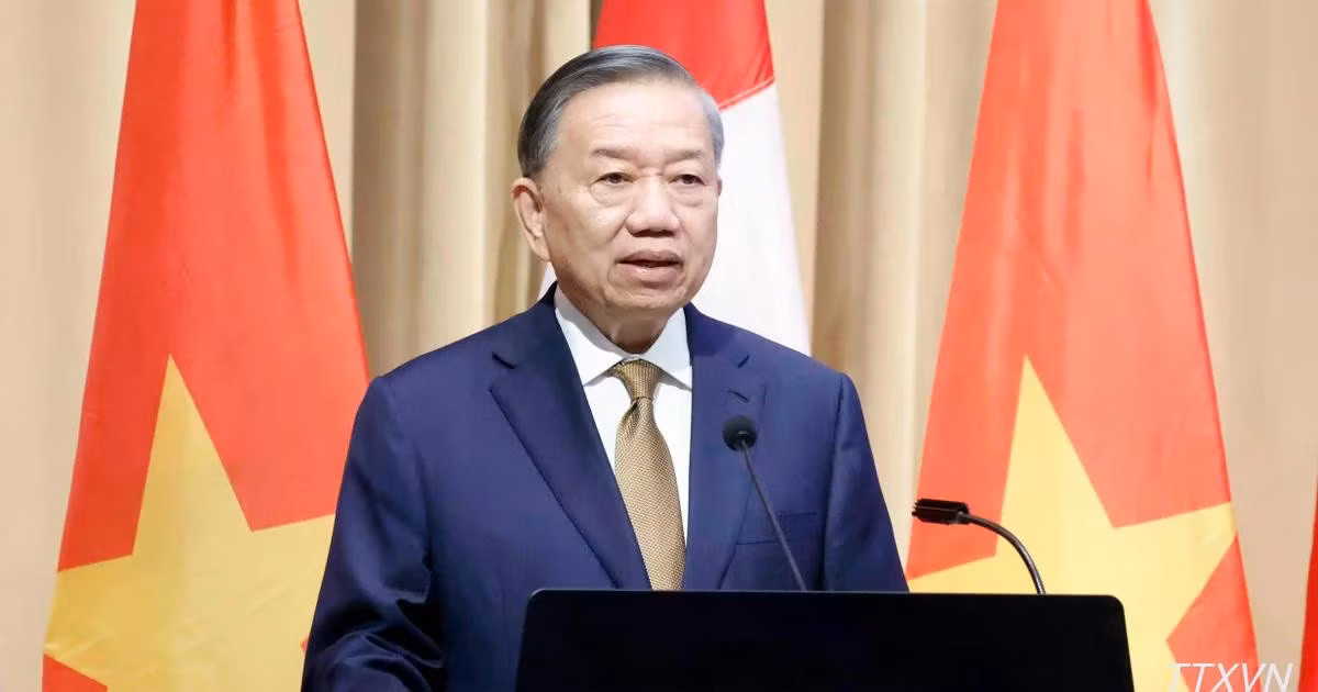 Tổng Bí thư, Chủ tịch nước Tô Lâm phát biểu chính sách "Quan hệ Đối tác chiến lược Việt Nam-Canada trong bối cảnh thế giới đầy biến động”. (Ảnh: TTXVN)