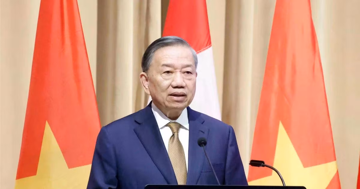 Tổng Bí thư, Chủ tịch nước Tô Lâm phát biểu chính sách "Quan hệ Đối tác chiến lược Việt Nam-Canada trong bối cảnh thế giới đầy biến động”. (Ảnh: Thống Nhất/TTXVN) 