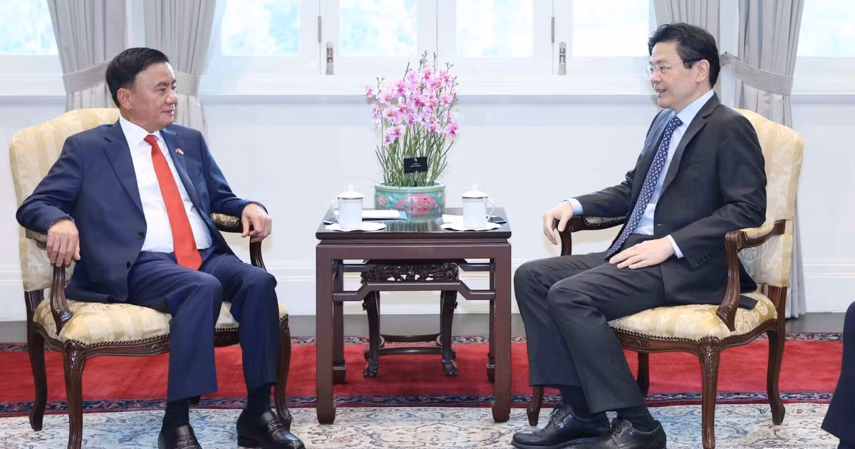 Thường trực Ban Bí thư Trần Cẩm Tú hội kiến Tổng Thư ký Đảng Hành động Nhân dân, Thủ tướng Singapore Lawrence Wong. (Ảnh: TTXVN) 